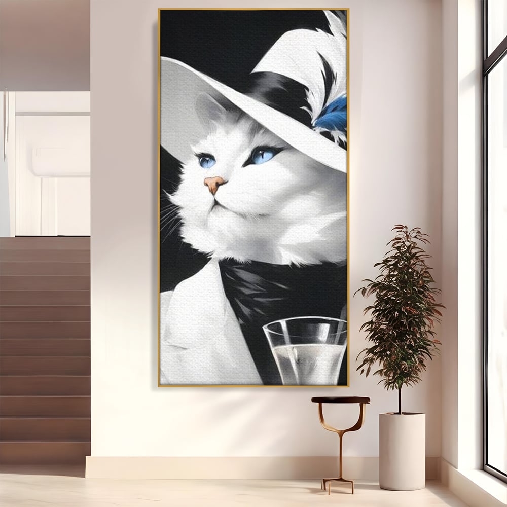 Tablou canvas cu tablou canvas cu pisica aristocrata purtand palarie, in rama de aluminiu auriu